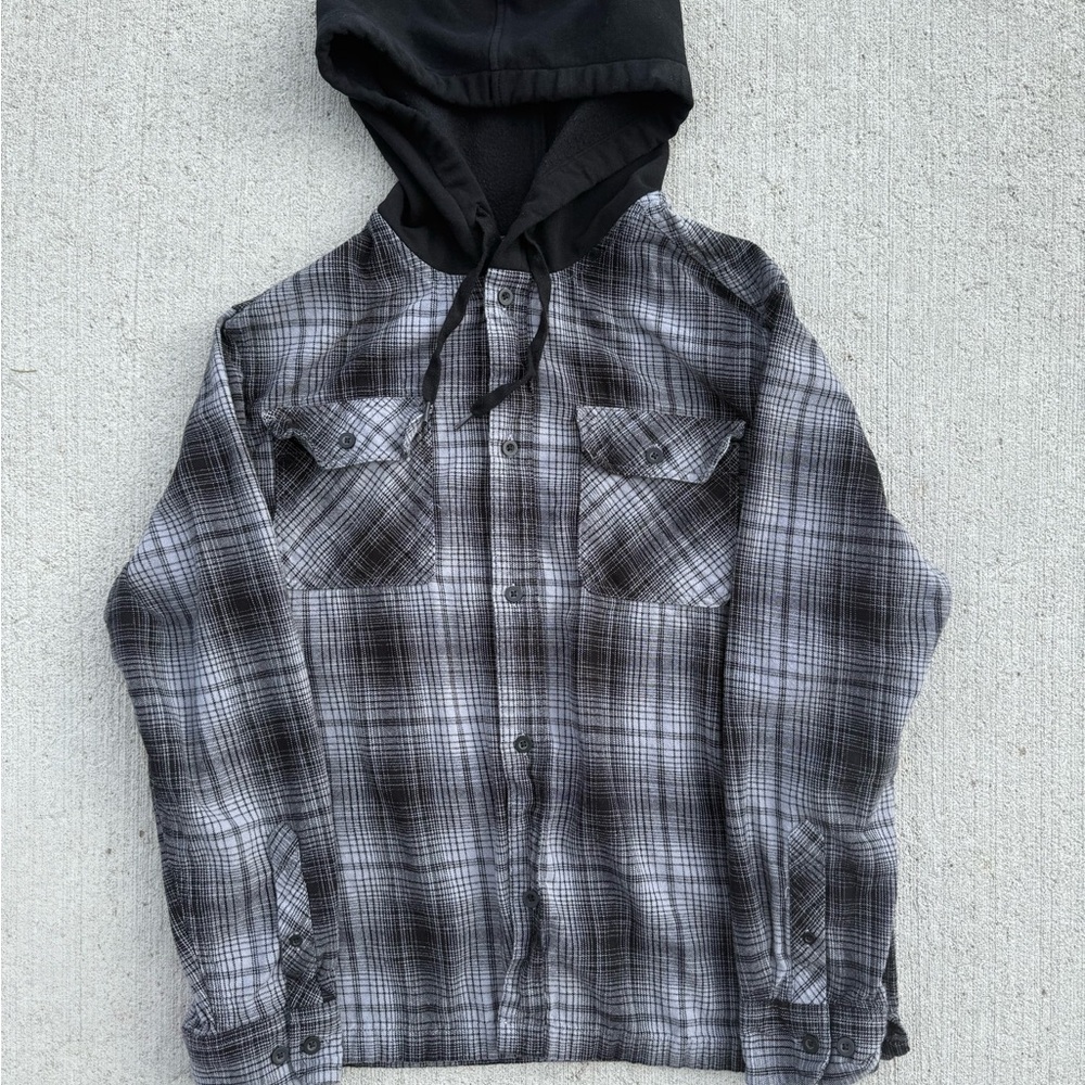 Trinity Coast Black/Gray Hooded Flannel Shirt Jacket Plaid - Mens Large